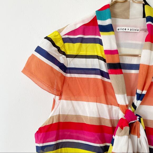 Alice + Olivia Colorful Striped Bow Tie Silk Blouse M - Picture 2 of 5